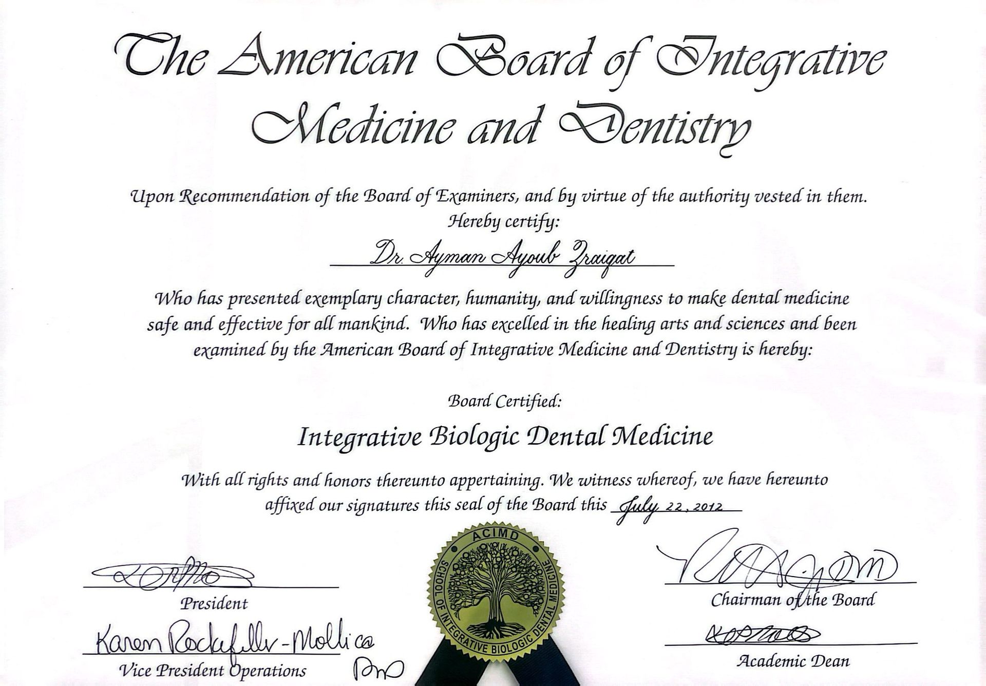 Certificate from the American Board of Integrative Medicine and Dentistry, awarded to Dr. Ayman Ayoub Zraigat for excellence in dental medicine.